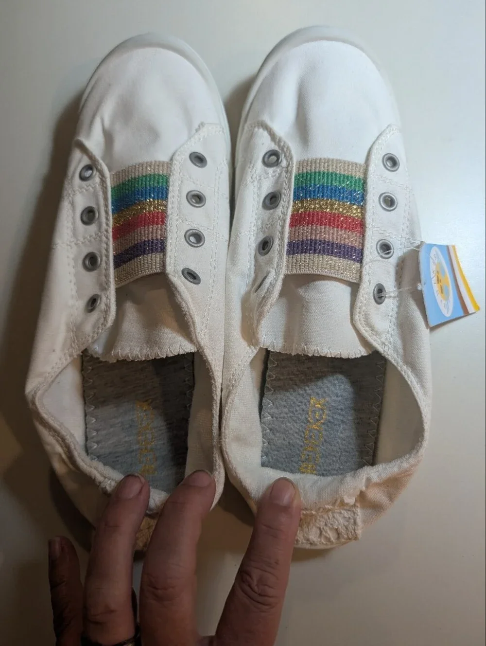 Beneker Woman's Size 10 White Slip-On Canvas Shoes with Rainbow Accent NWT